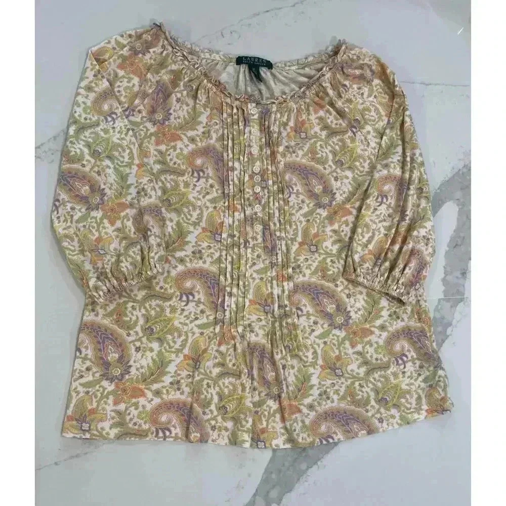 Lauren Ralph Lauren 3/4 Sleeve Paisley Print Bohemian Top Women’s Medium Hippie - Picture 2 of 5